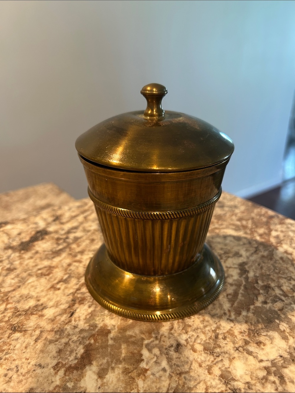 Brass Lidded Trinket Jar made in India. H 4.5 in Diameter 4.5 in.
